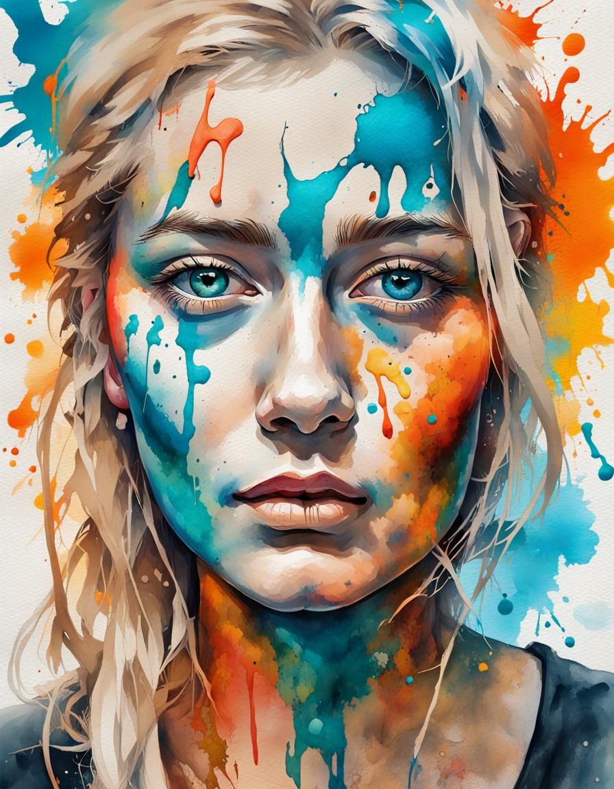 Colorful Ink Splatter Watercolor Portrait of a Girl