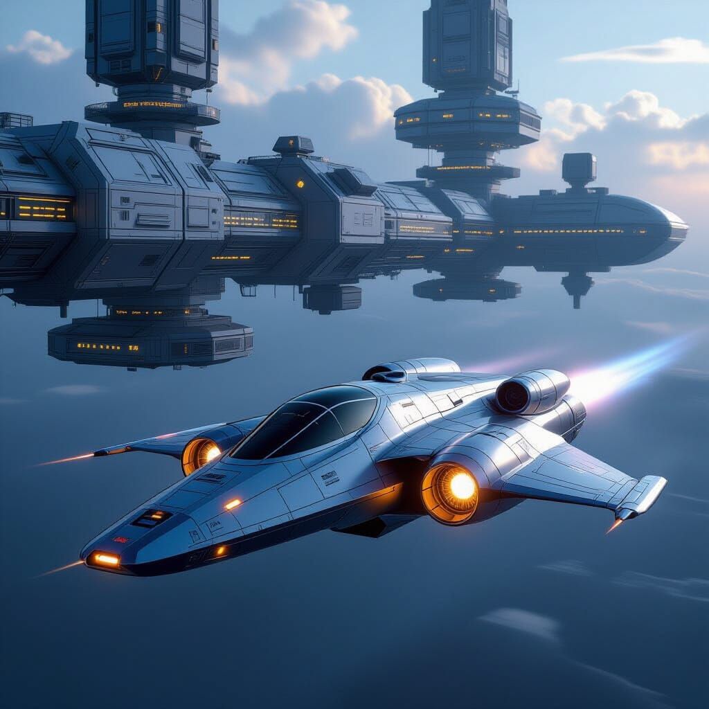 Futuristic Spaceship Approaches Space Station