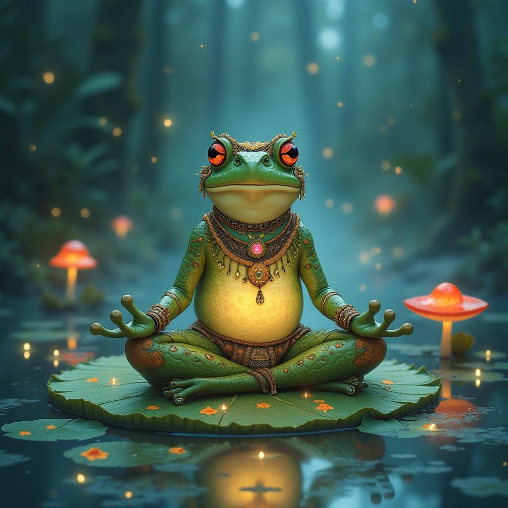 Bioluminescent Frog Meditating in Watercolor Pond