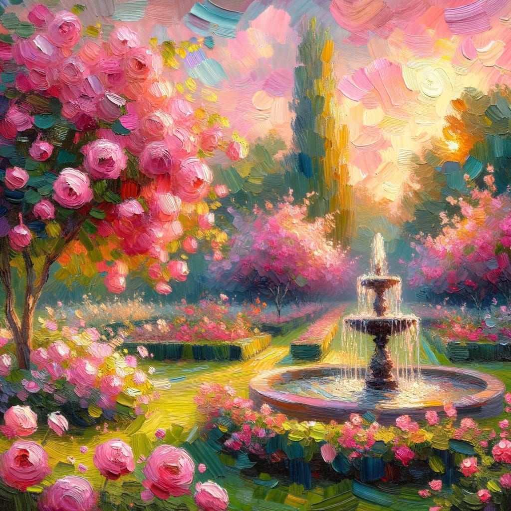 Impressionist Pink Garden with Dancing Fountain