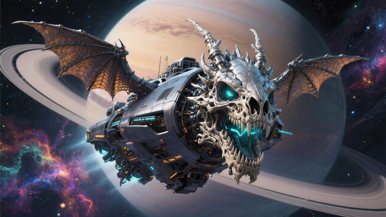 Dragon Exoskeleton Cruiser Flies Past Gas Giant