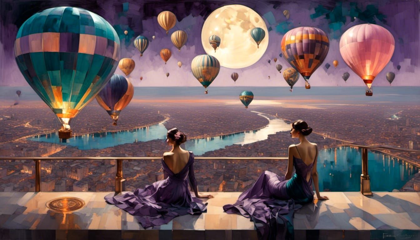 Hot Air Balloons at Night in Digital Watercolor Style
