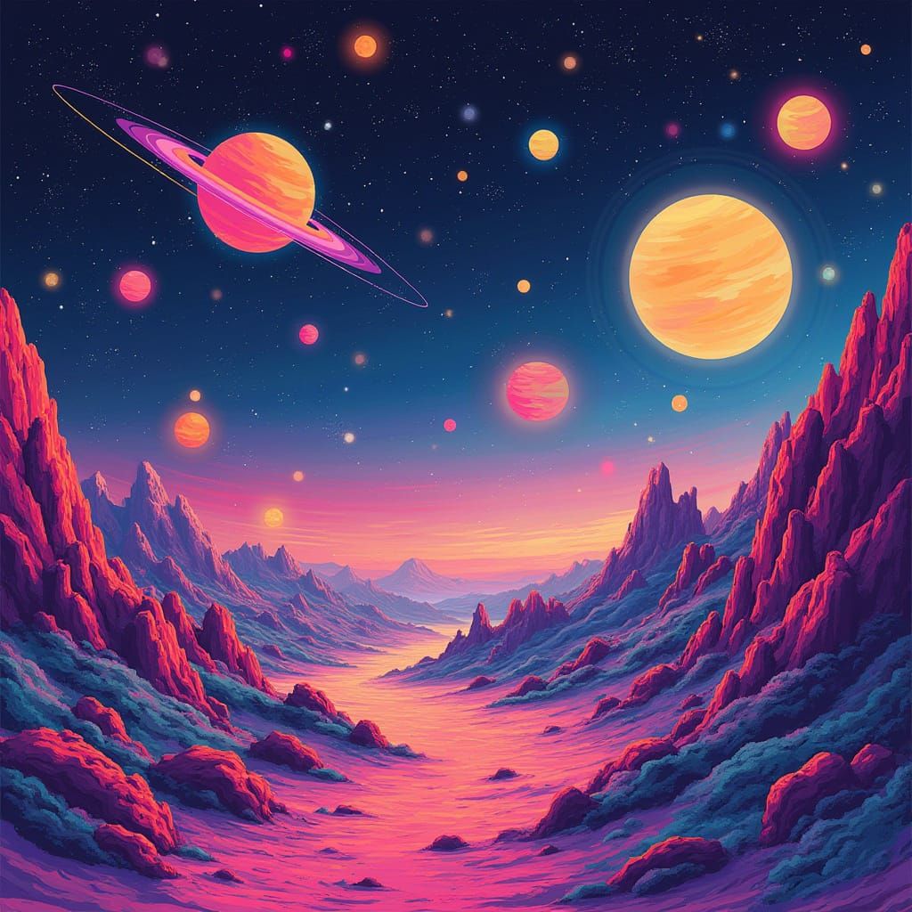 Lisa Frank Style Outer Space Scene with Planets