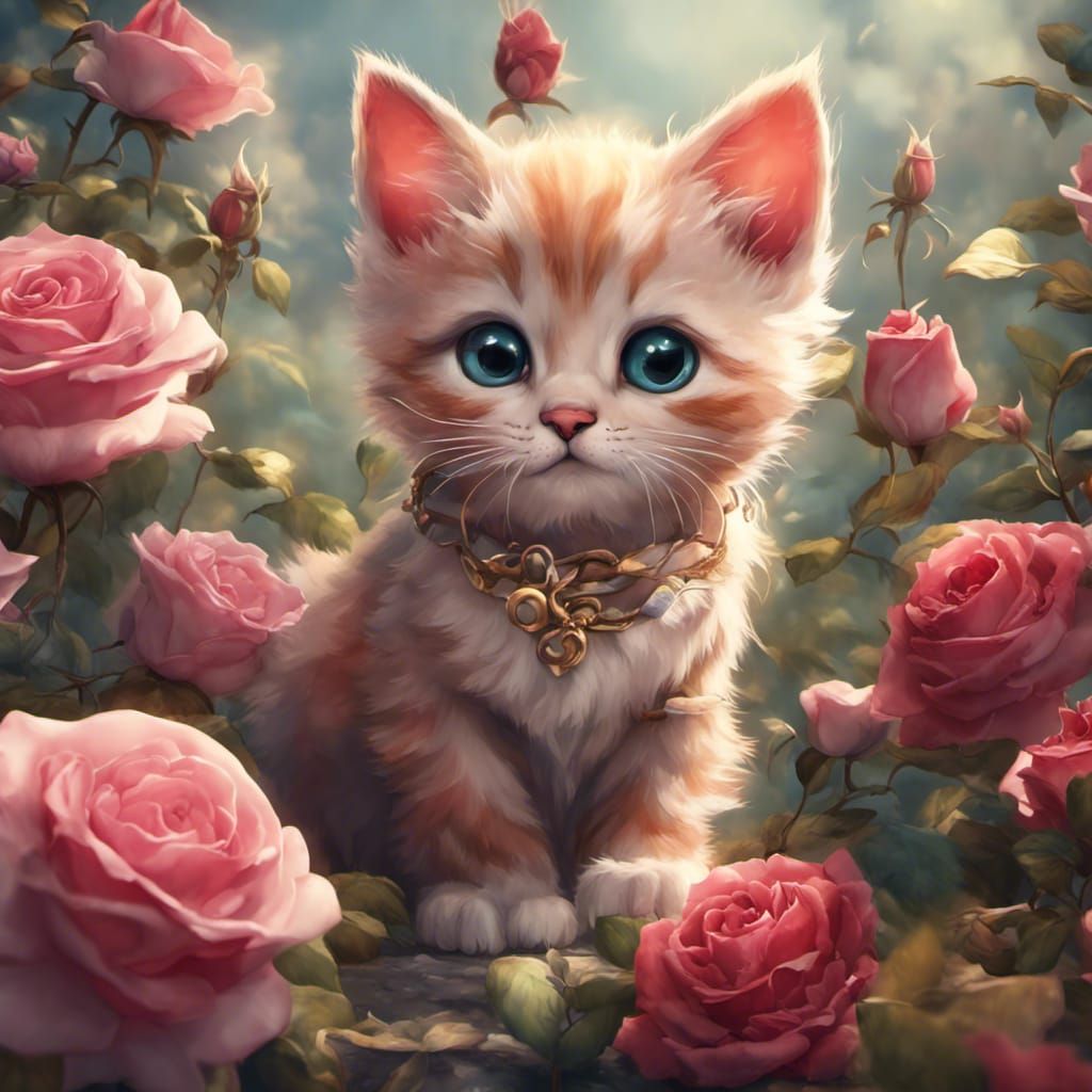 Cute Kitten Surrounded by Roses in Kawaii Style