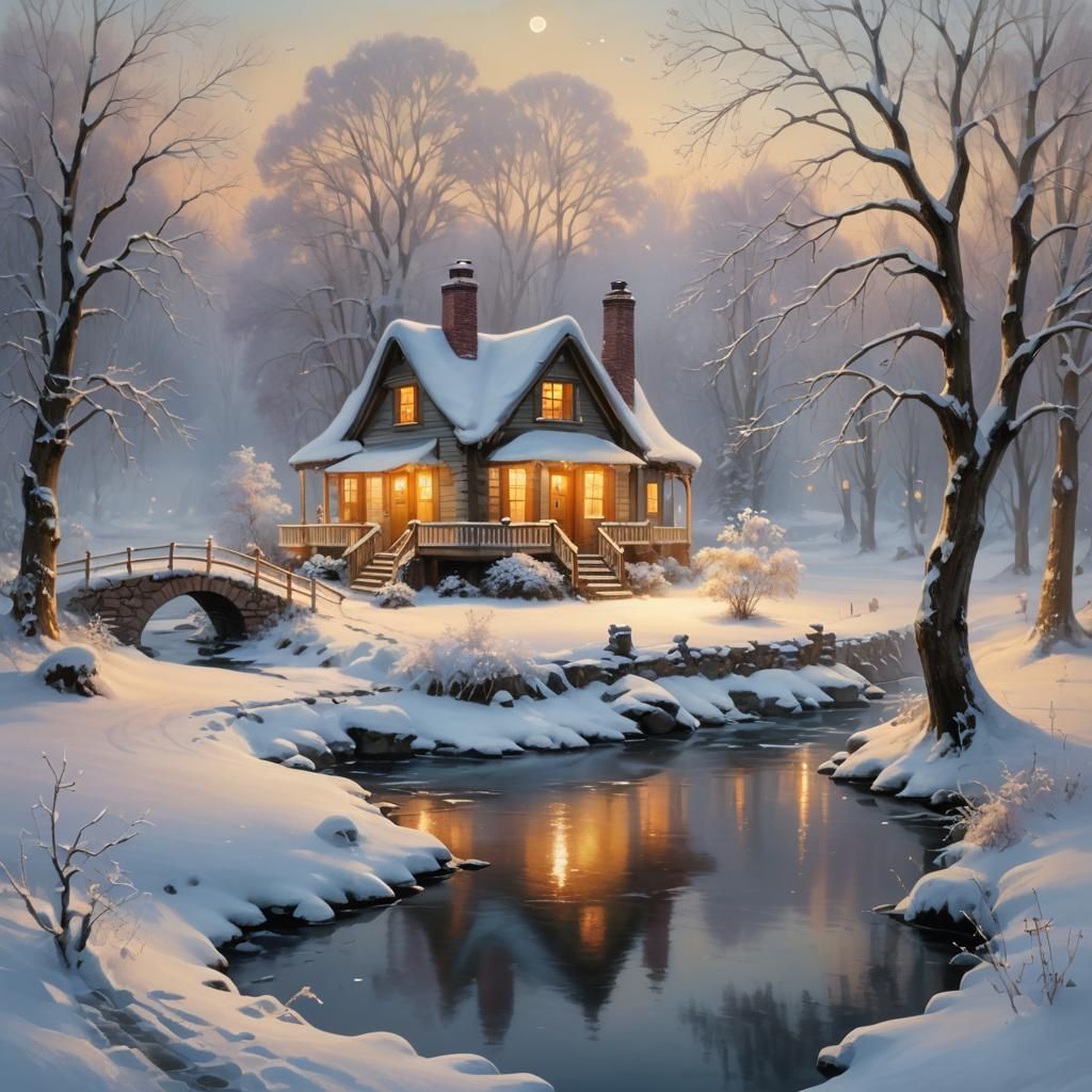 Whimsical Winter Cottage by the Frozen River