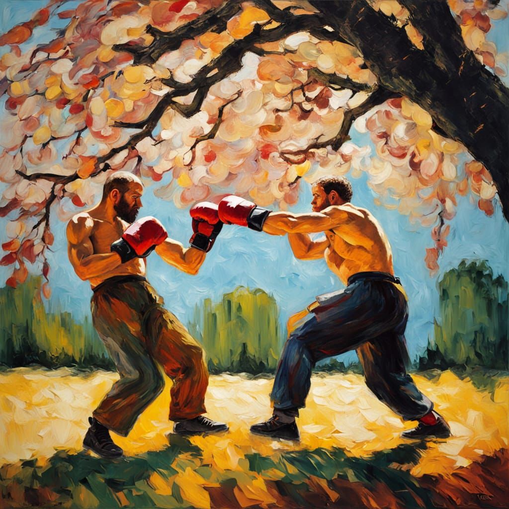 Boxing Match in Blooming Spring as Impasto Painting