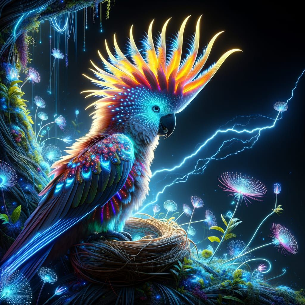 Bioluminescent Cockatoo in Sci-Fi Fantasy Landscape