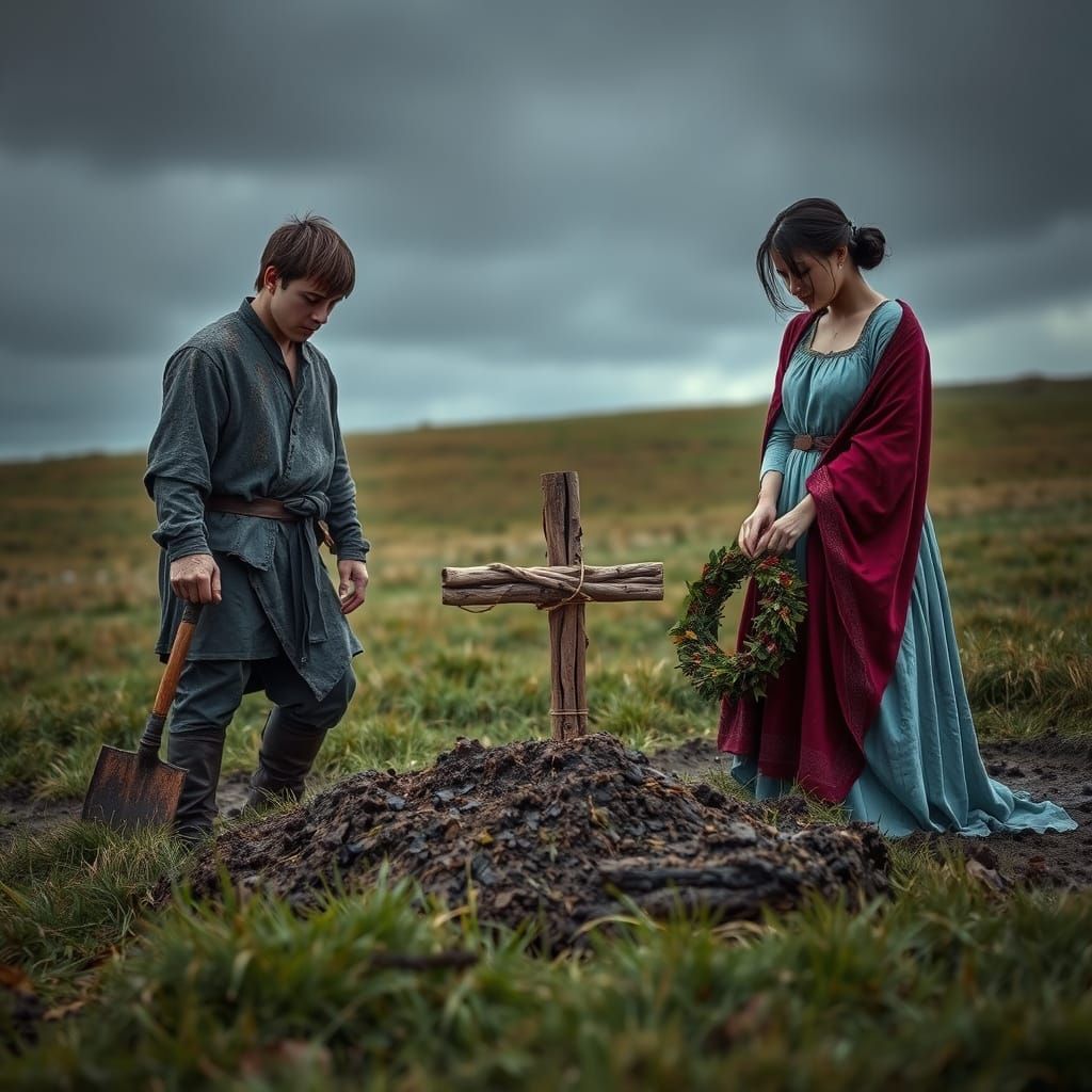 Mourners Pay Respects at a Humble Grave in a Winter Landscap...