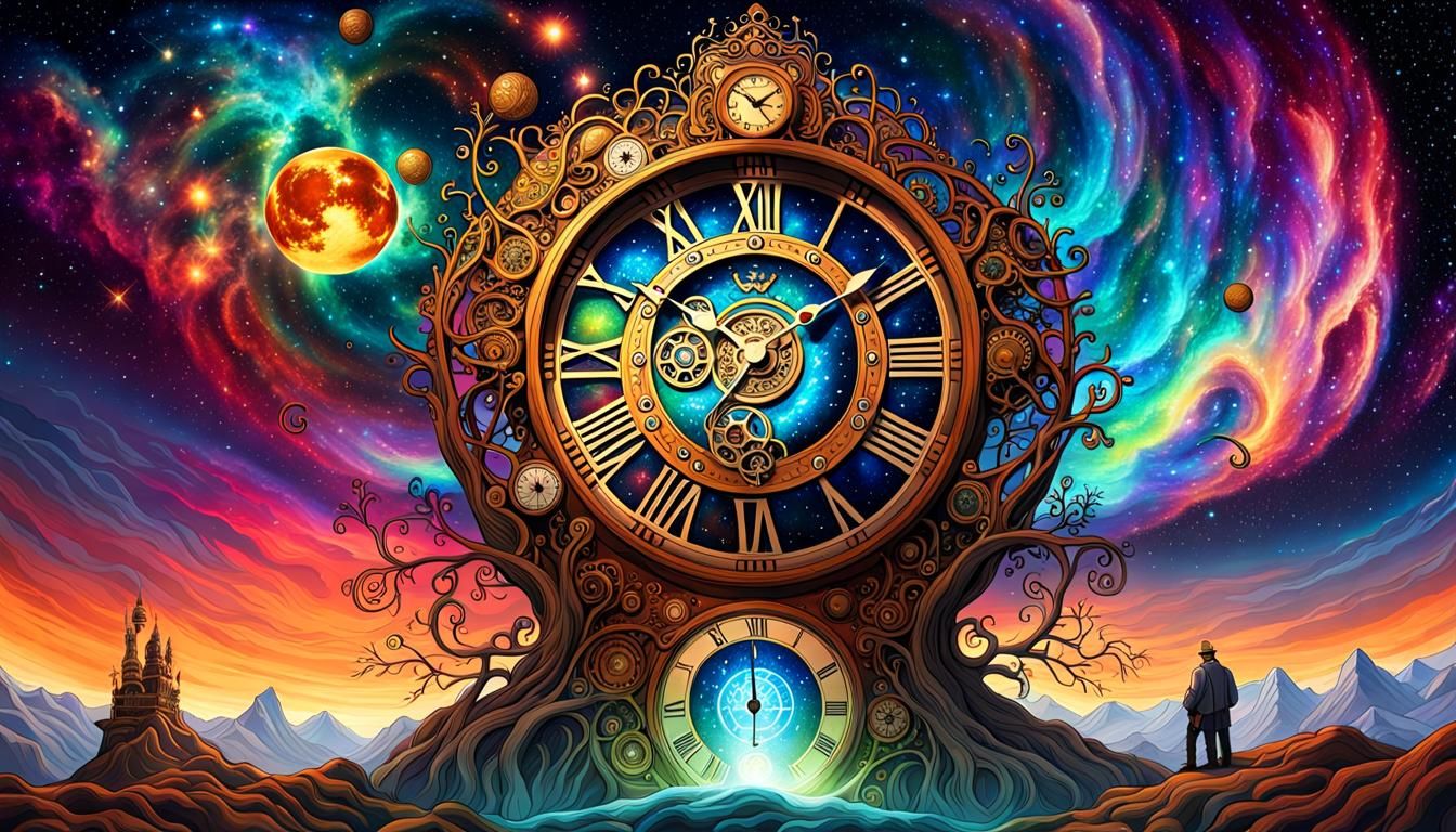 Steampunk Yggdrasil Clock in Cosmic Nebula
