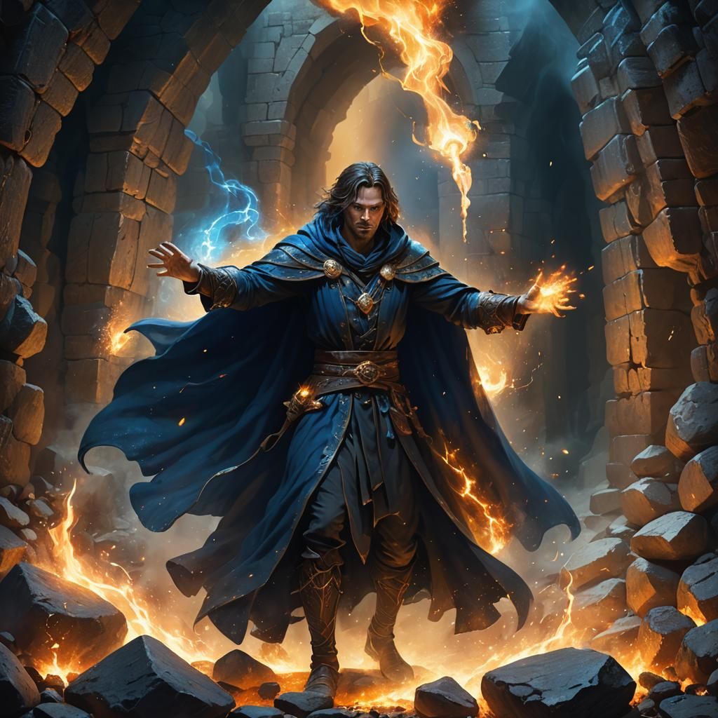 Mystical Sorcerer Hurls Fireballs in Cavern