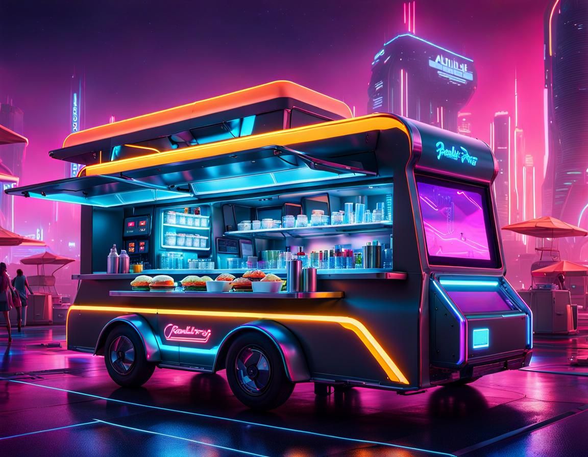 Futuristic Food Truck in Cyberpunk Outer Space