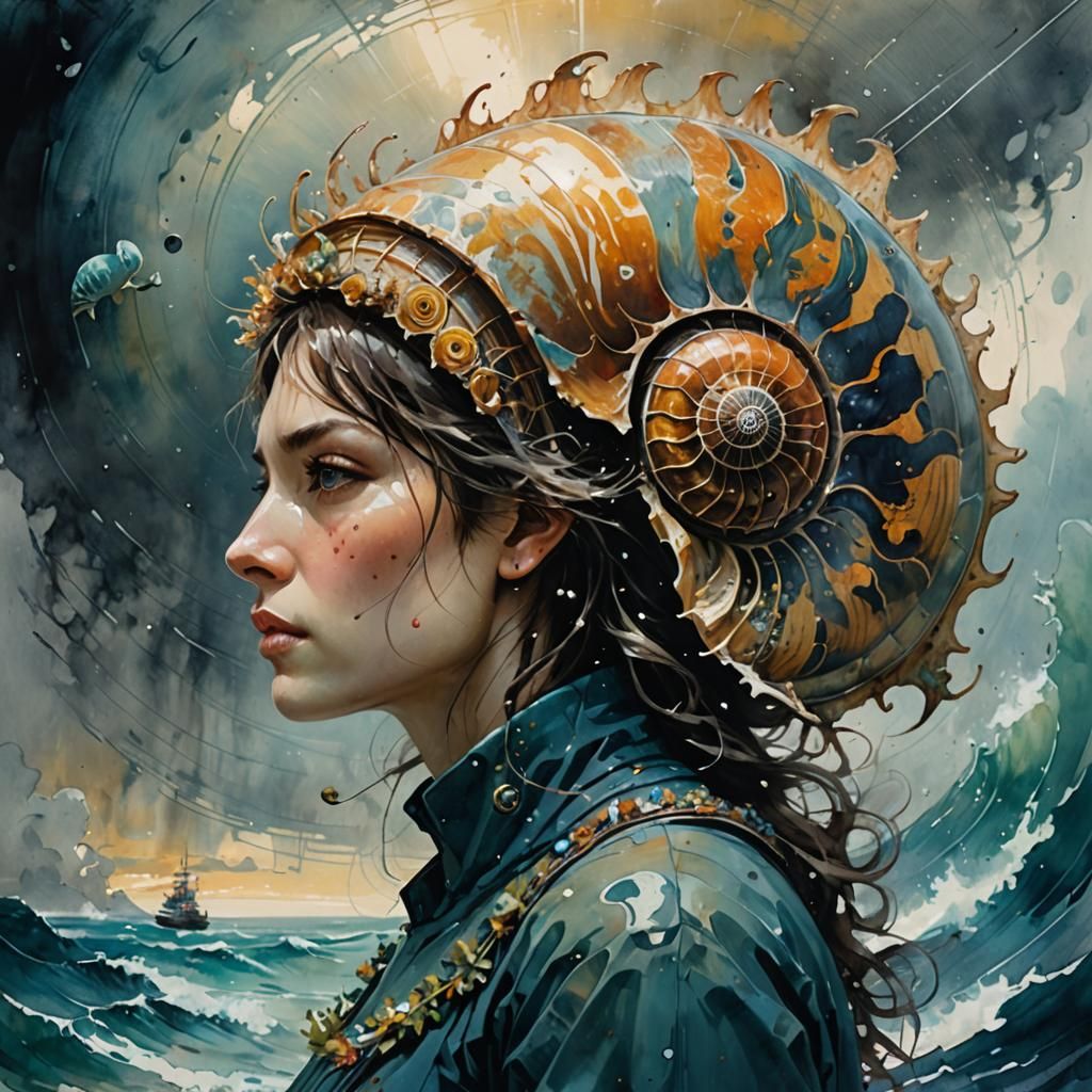 Nautilus Shell in Dramatic Watercolor Cosmos