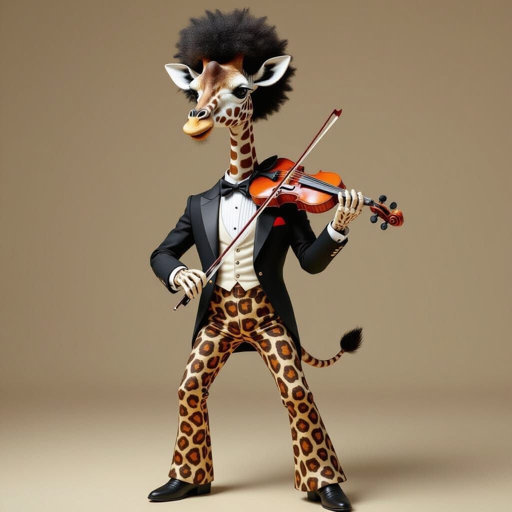 Skeletal Giraffe Musician with Afro and Tuxedo