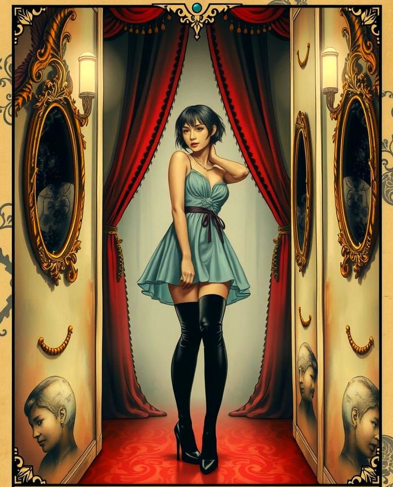 Vintage Tarot Girl Teases Herself in Elegant Dress