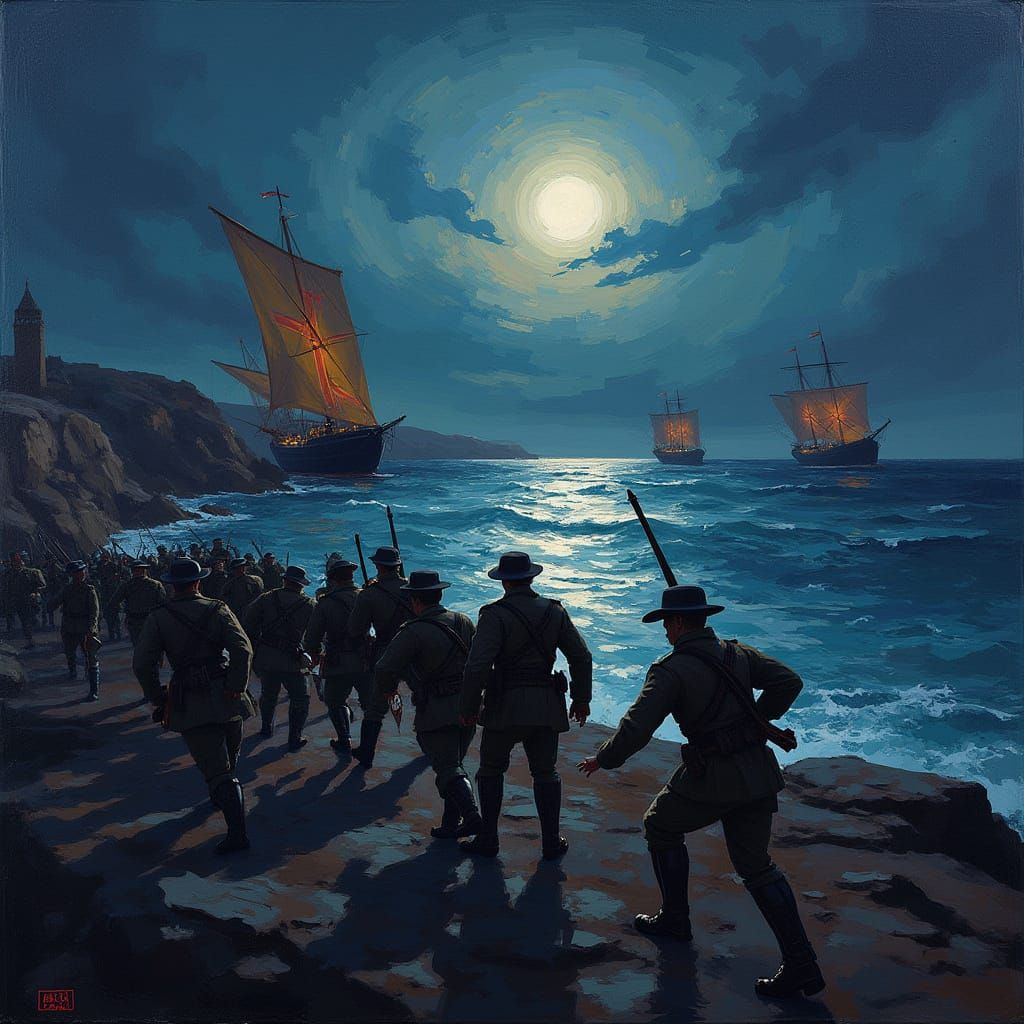 Cubist British Troops Defend Dover at Night