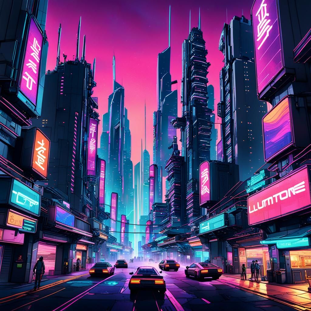 Cyberpunk Cityscape with Neon Lights and Hovercars