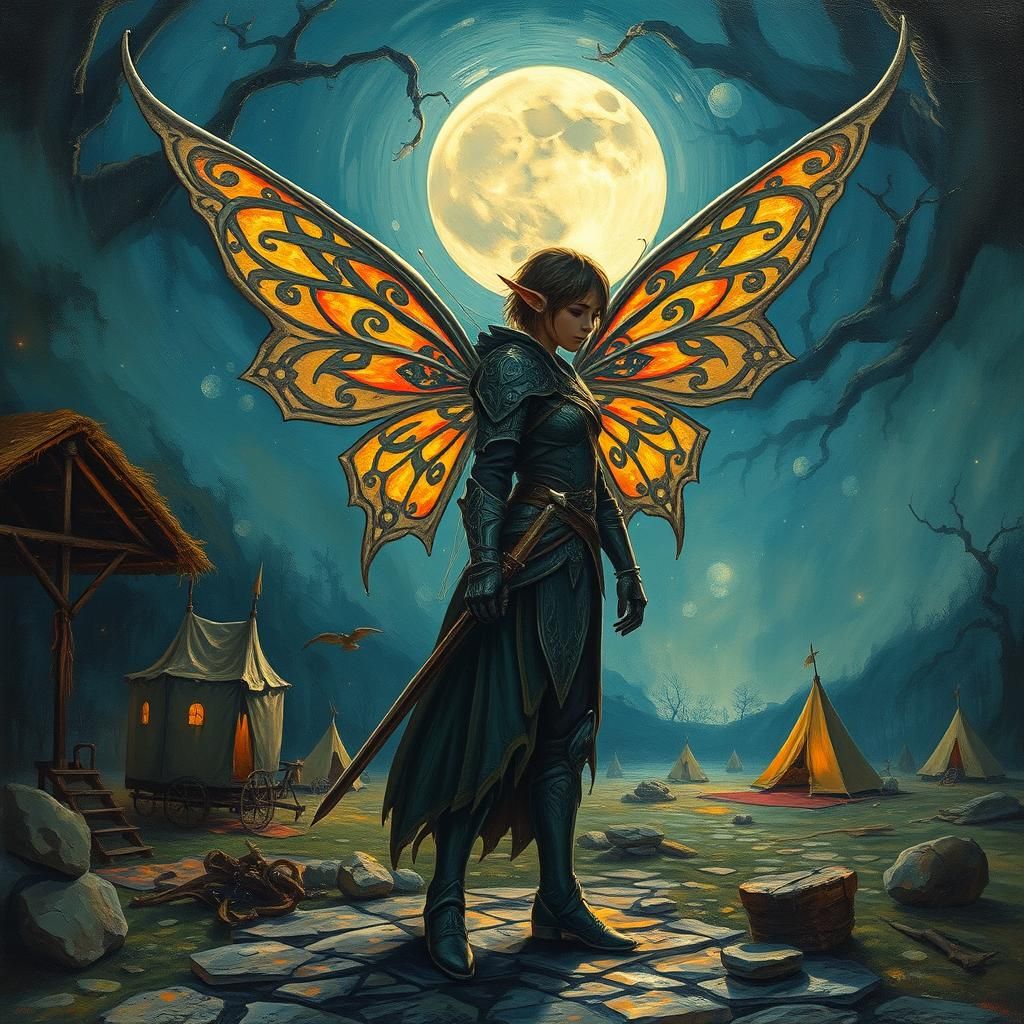 Mystical Elf Warrior at Moonlit Caravan Camp in Impasto Styl...