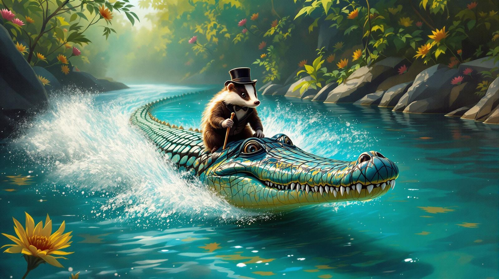 Surreal, Abstract Badger Surfs Down Turquoise Crocodile on a...