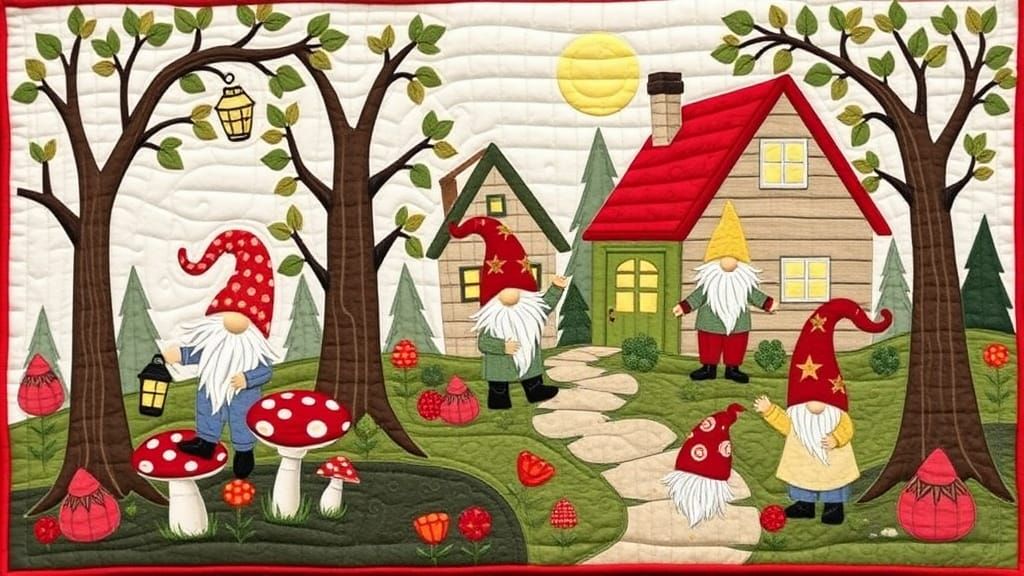 Whimsical Gnome Village Folk Art Quilt