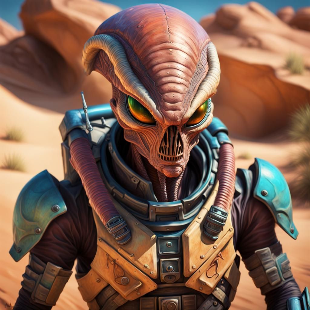 Desert Alien Bounty Hunter at Oasis, Hyperrealistic
