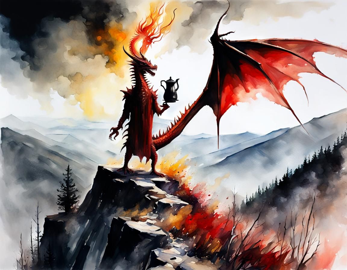 Fiery Dragon Brews Coffee: A Watercolour Chiaroscuro