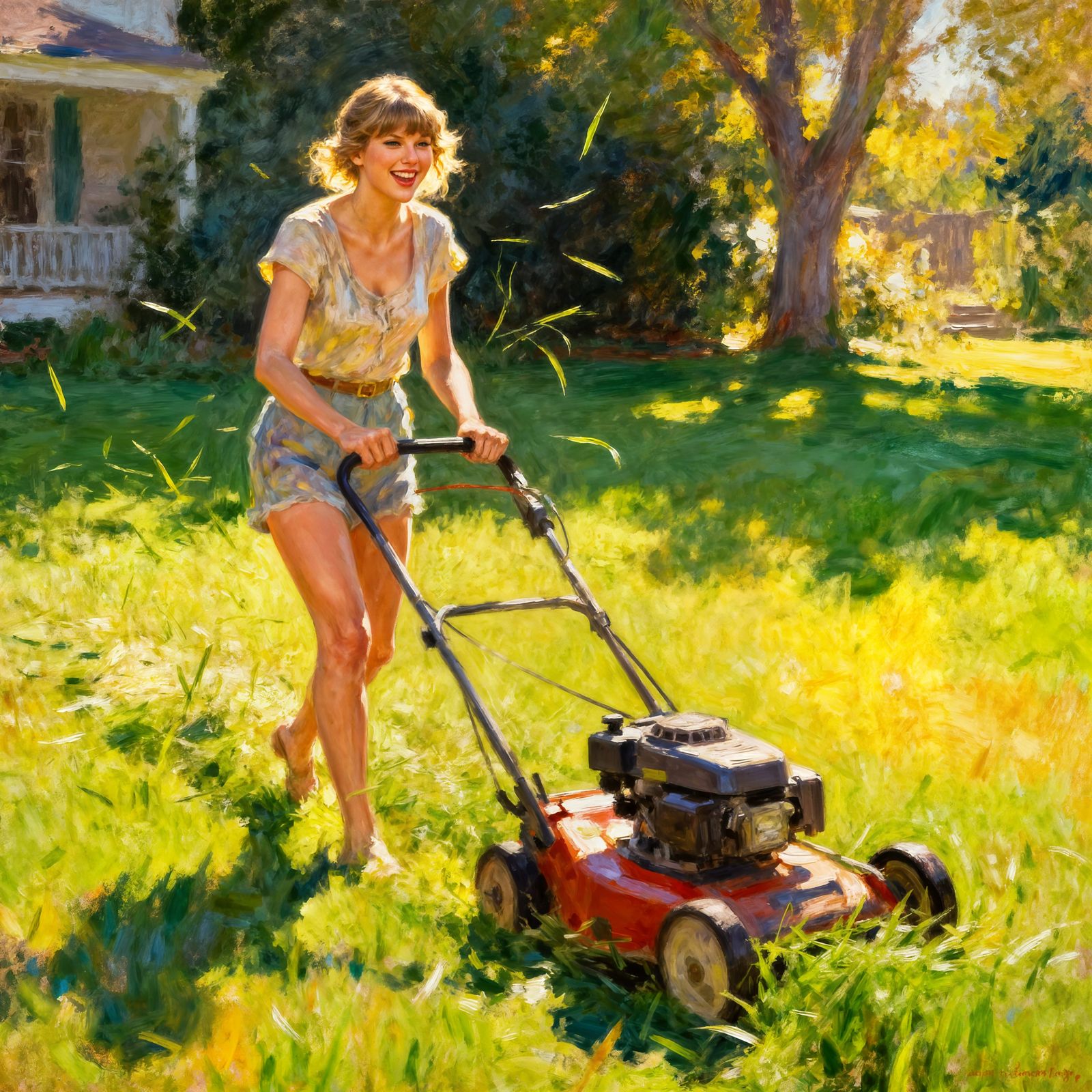 Taylor Swift Joyfully Mowing Lawn on Sunny Day