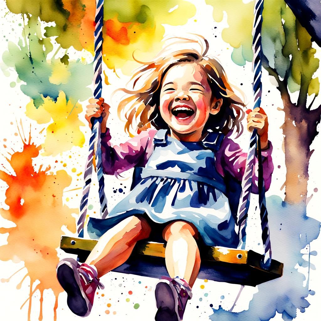 Laughing Girl on a Swing in Watercolor Style