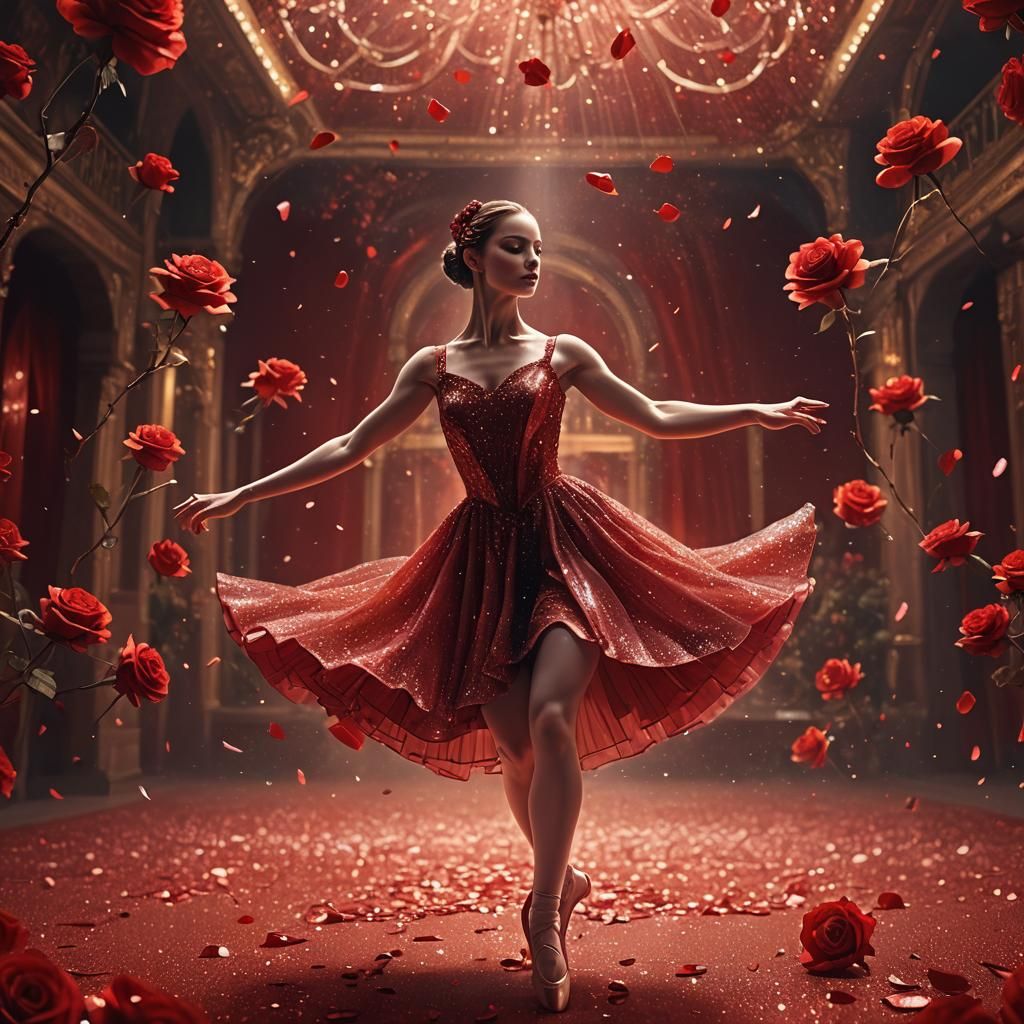 Ballet Dancer in Red Dress with Roses