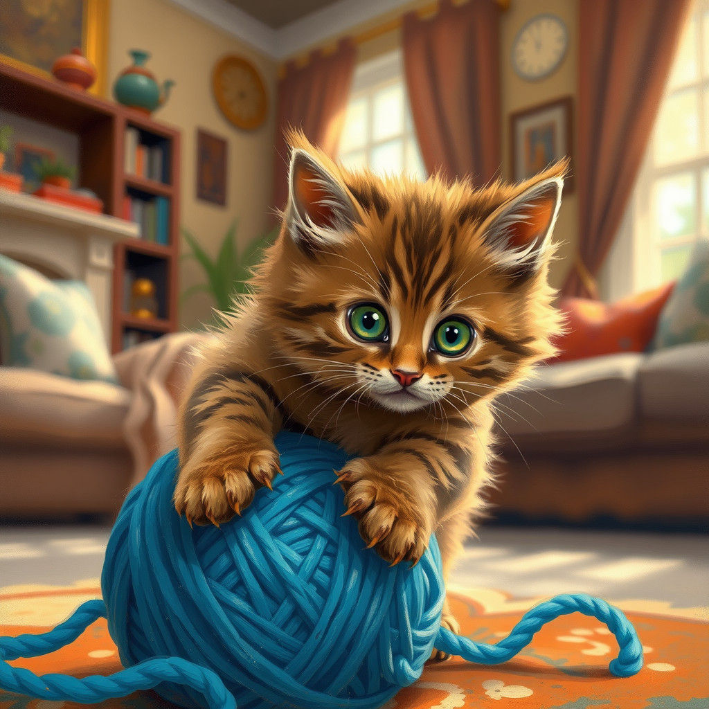 Kitten Plays with Yarn in Impressionistic Style
