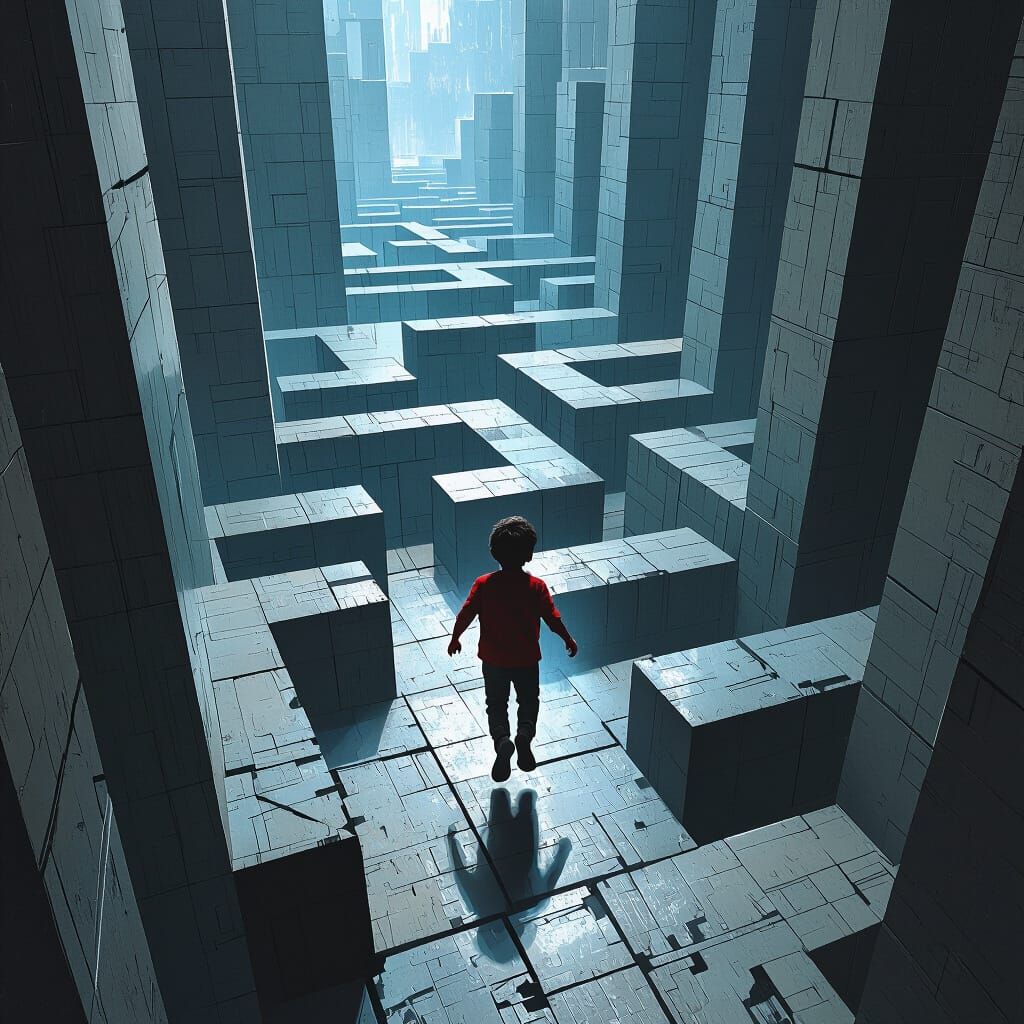 Boy Navigating Mysterious Maze in Dystopian Sci-Fi Style