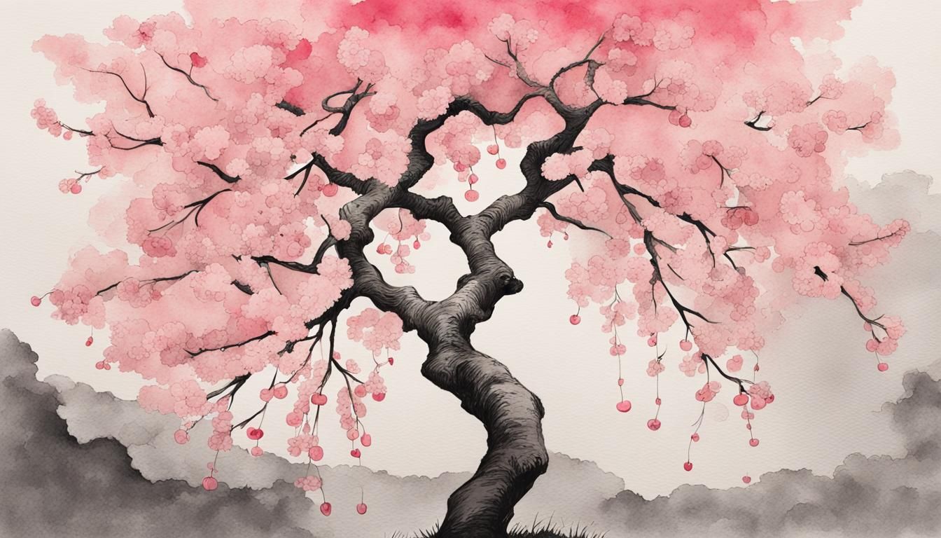 Cherry Tree Garden Painting in Watercolor Style