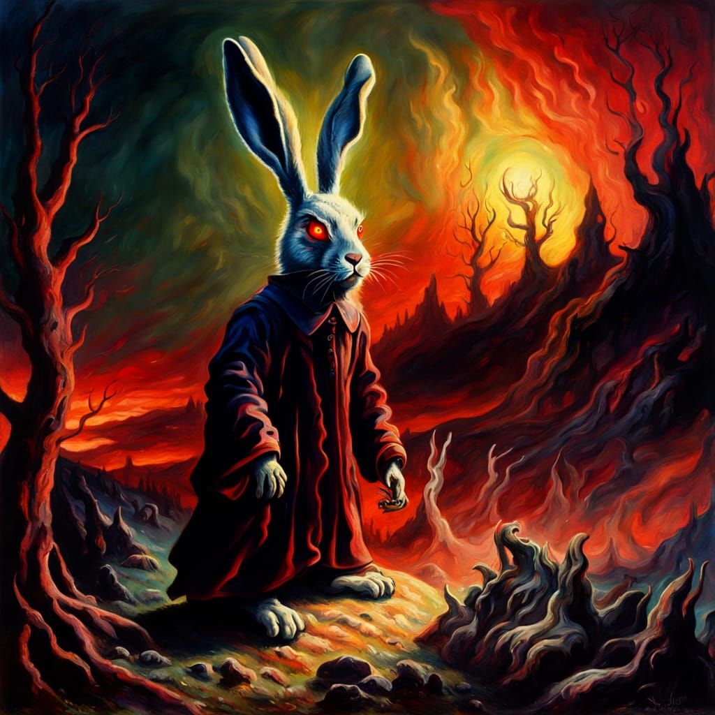 Surreal Rabbit Meets Satan in Psychedelic Oil Painting