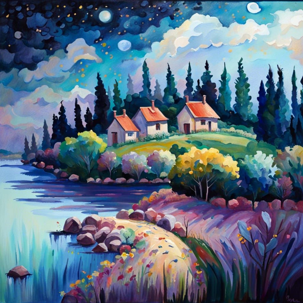 Peaceful Alien Village: Gouache Impressionist Masterpiece