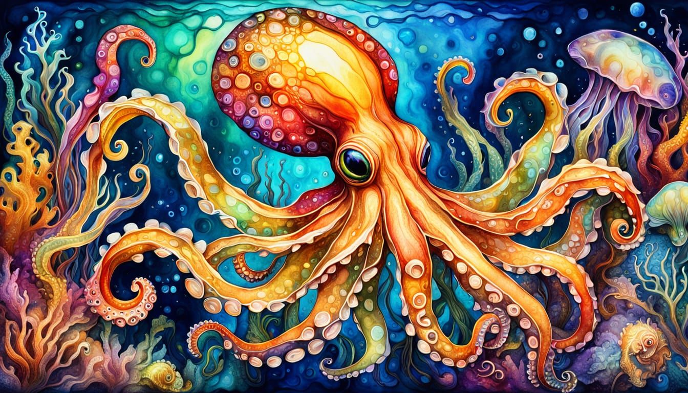 Colorful Squid in Ocean, Haeckel-Inspired Alcohol Ink