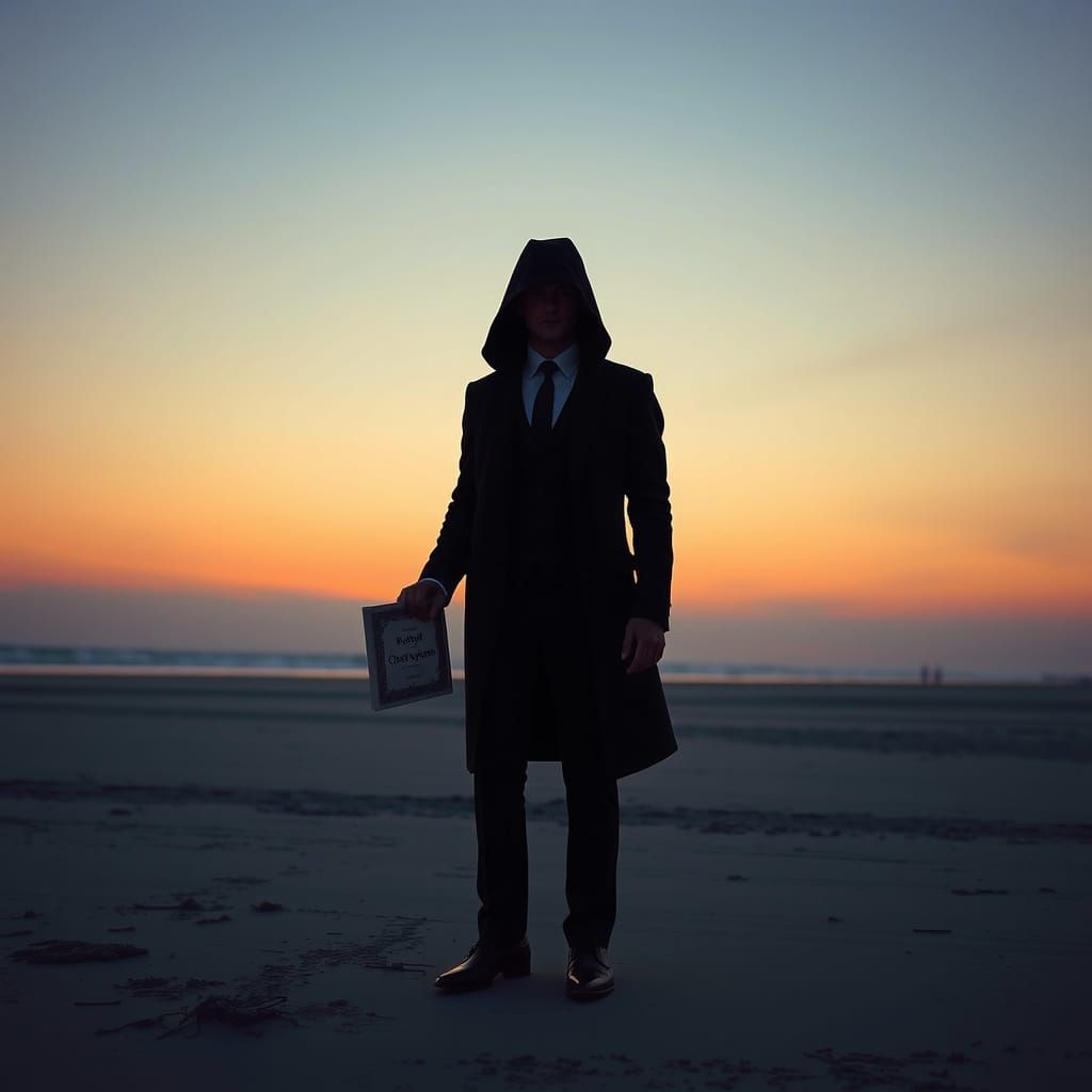 Figure on Beach with Book in Digital Art Style