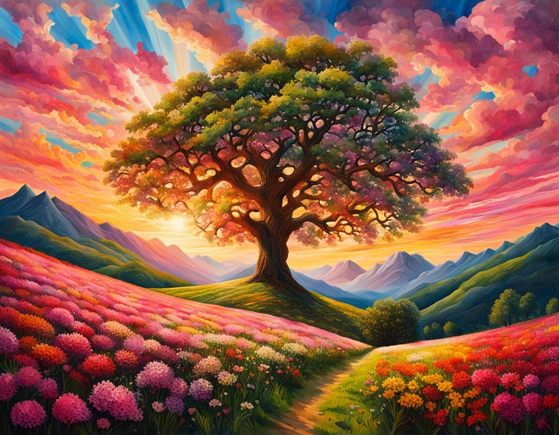 Lush Oak Tree Landscape in Watercolor and Oil