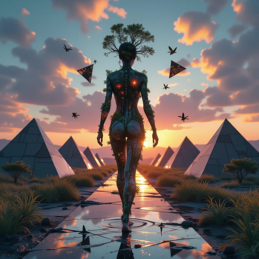 Surreal Woman of Tools and Plants on Pyramid Landscape