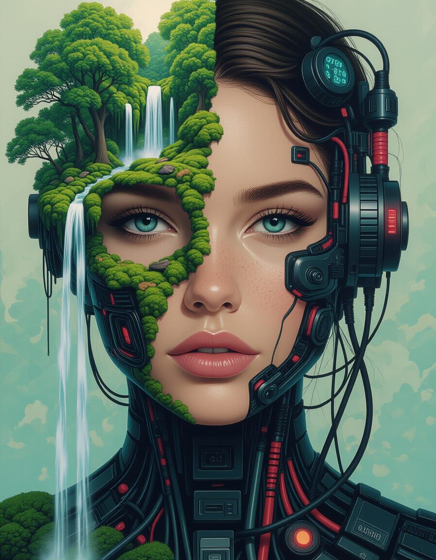 Nature and Technology Woman's Face in Hyperrealism