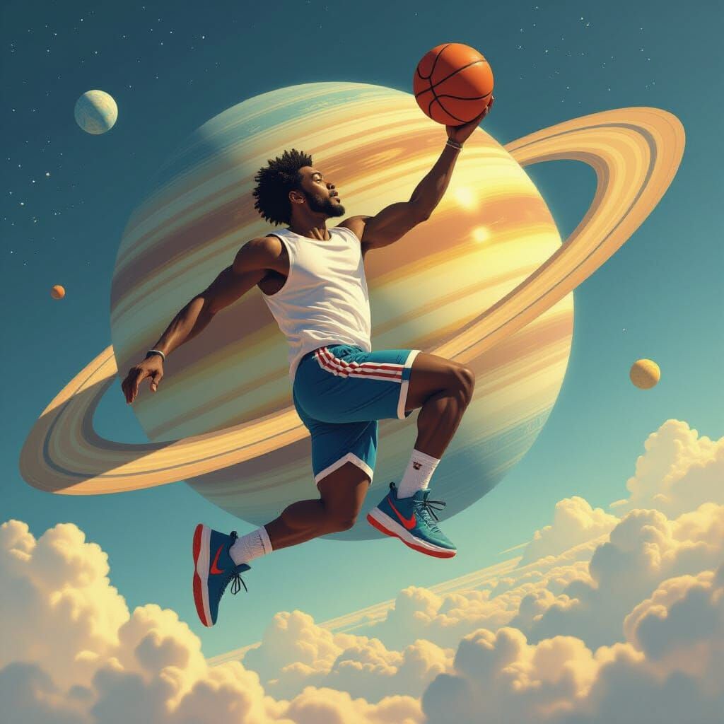 Athlete's Interplanetary Dunk in Hyperrealistic Style