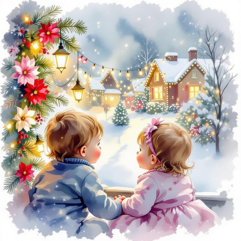 Ethereal Watercolour of Children Viewing Christmas Lights