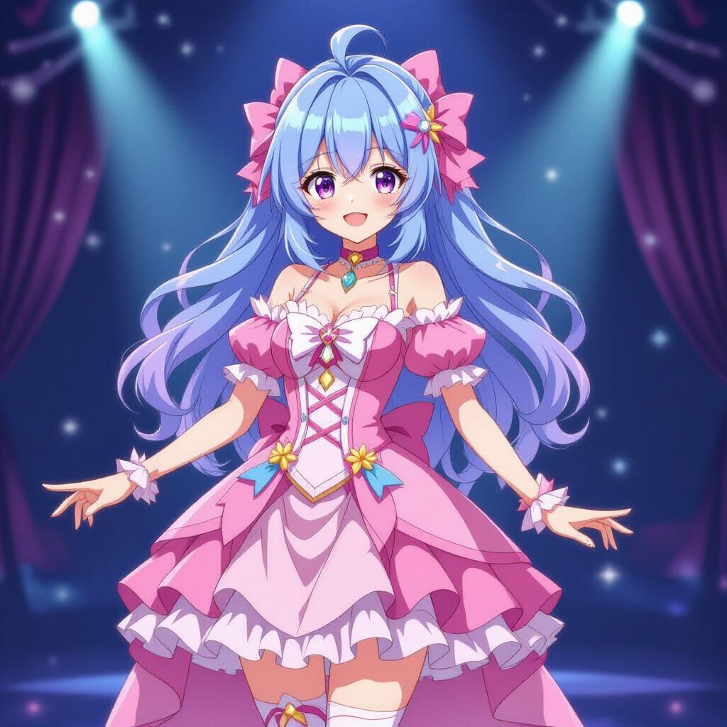 Anime Girl in Pink and Blue Fashion Dress