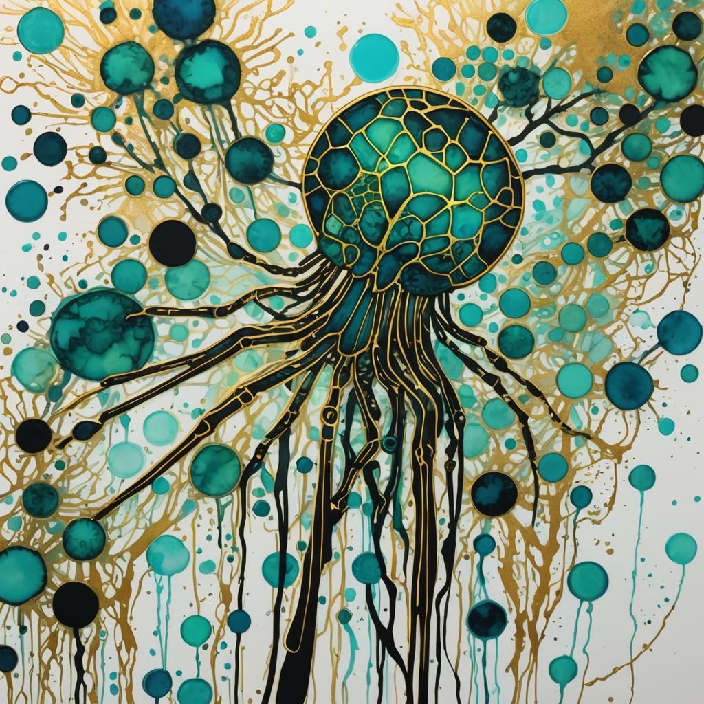 Bioluminescent Bacteriophage in Liquid Gold Ink Abstract