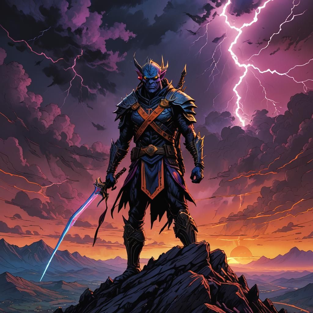 Dark Elf Warrior on Mountain Peak in Comic Style