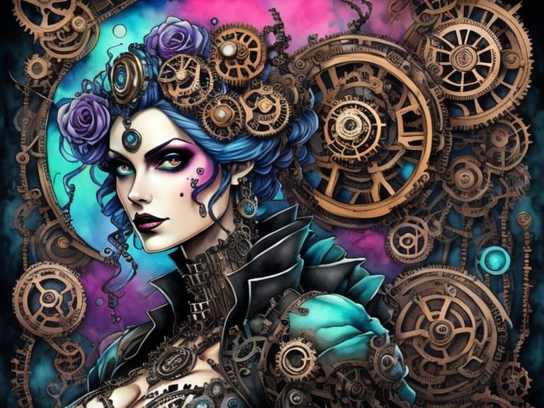 Steampunk Princess in Water-Ink Style