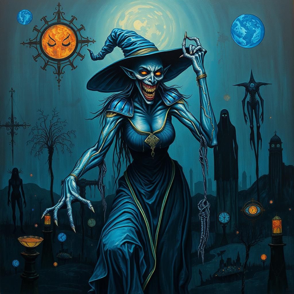 Grotesque Witch in Dystopian Art Deco Landscape