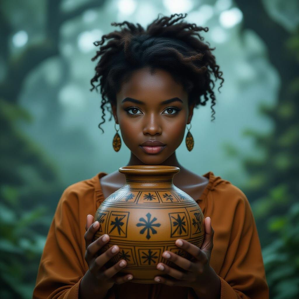 Mystical Forest Scene: Woman with Ancient Calabash