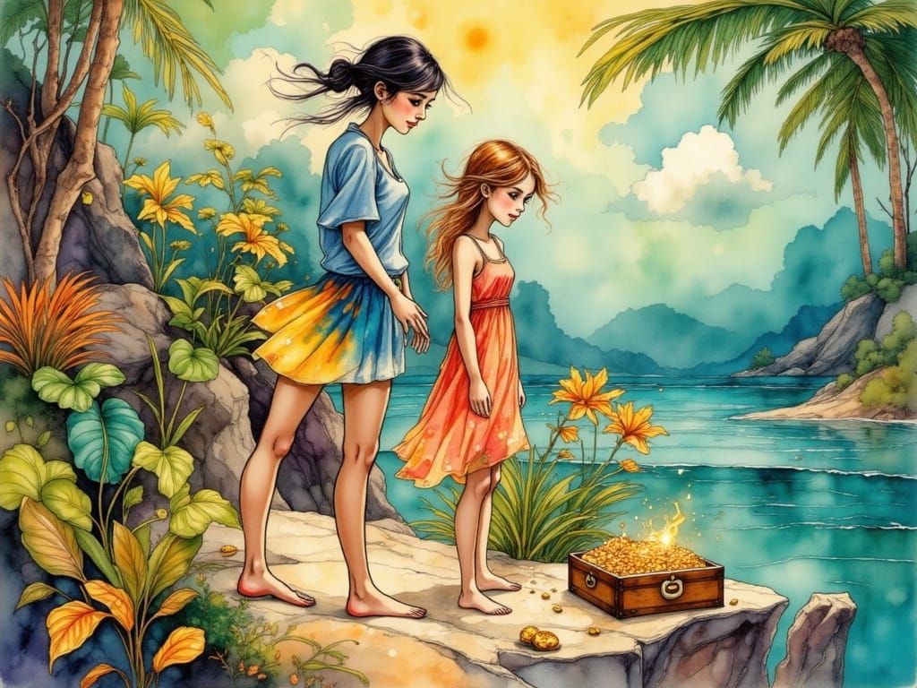 Island Treasure Discovery in Dreamy Painterly Style