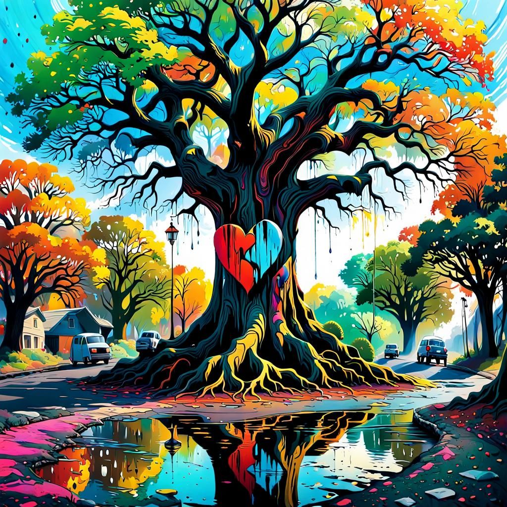 Ancient Tree Shelter for Broken Hearts in Street Art Style