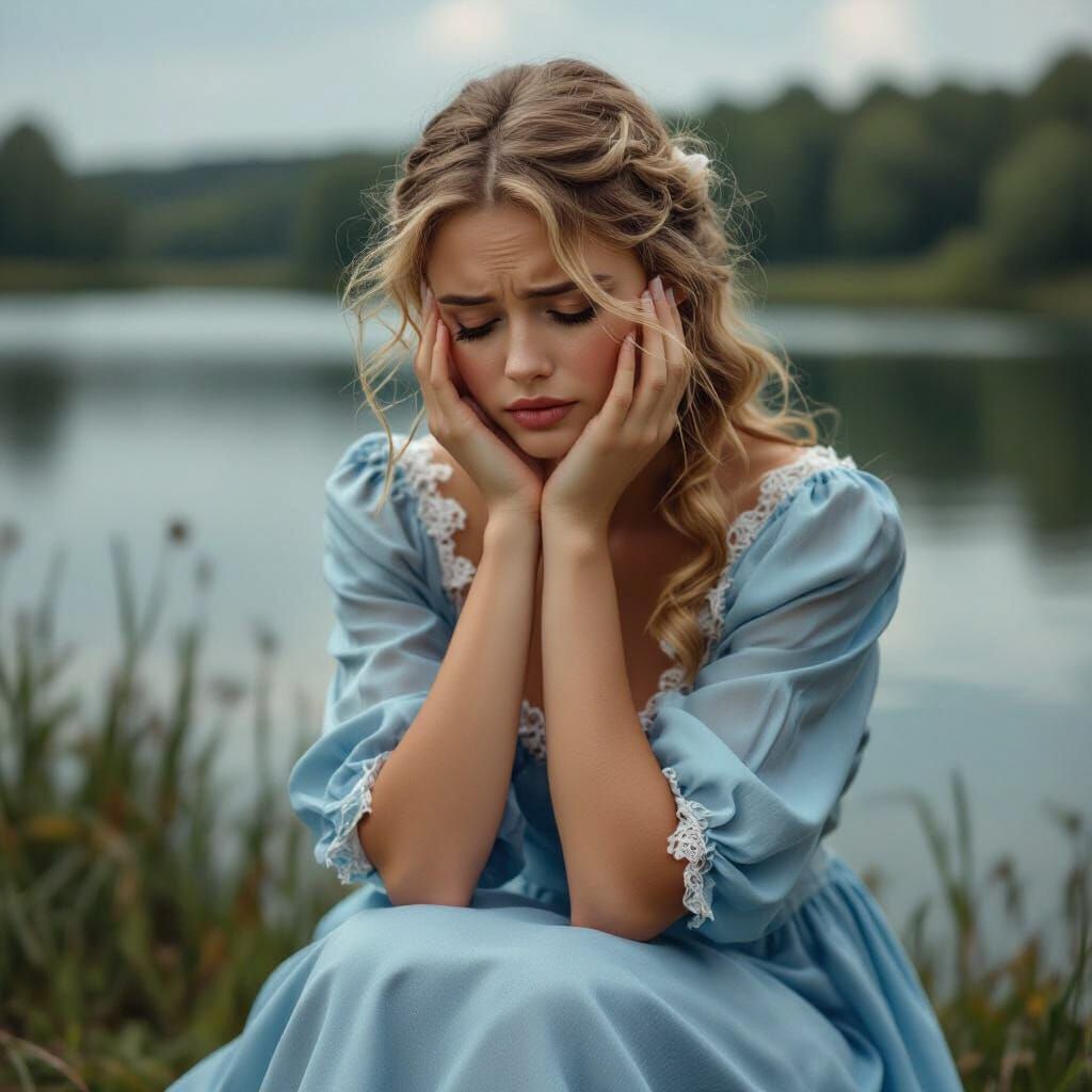 Melancholic Blonde Woman by Lake, in Hyperrealistic Style