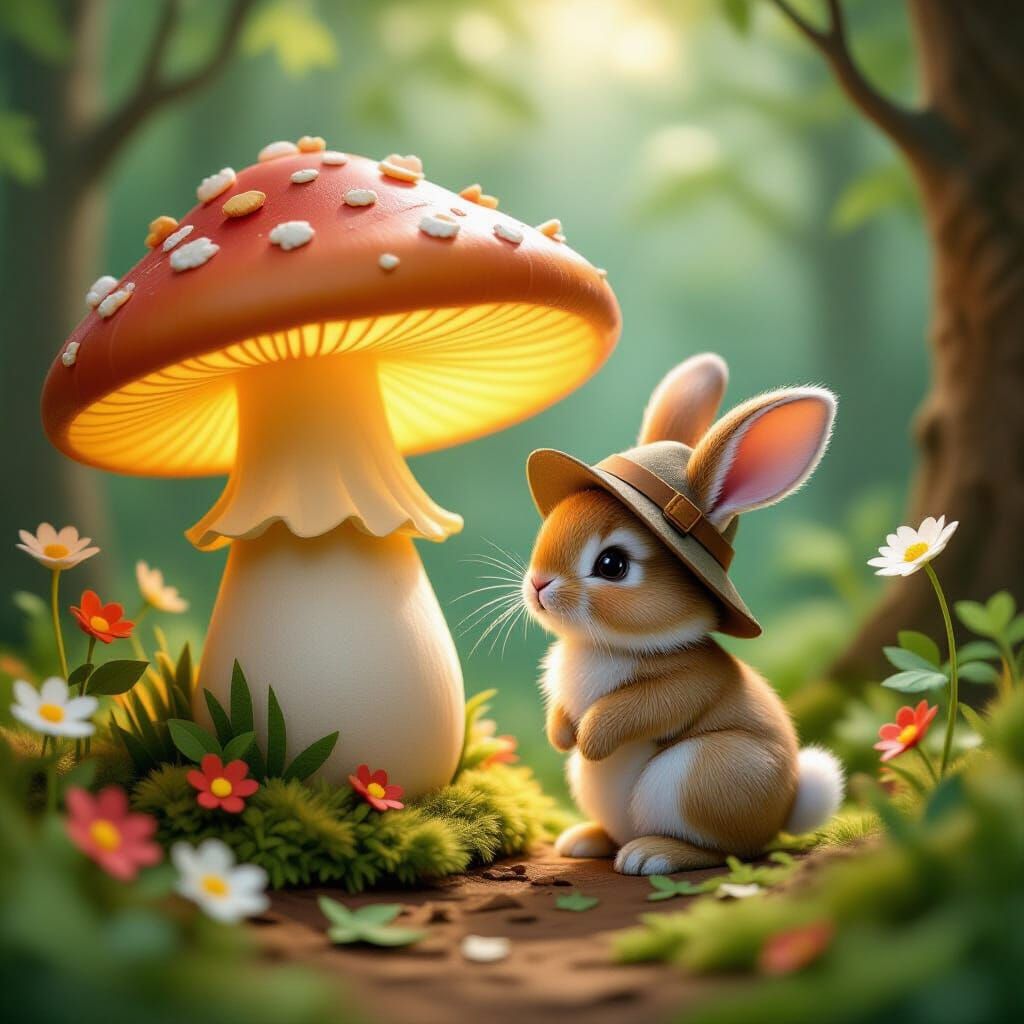 Whimsical Papercraft Rabbit Behind Glowing Mushroom
